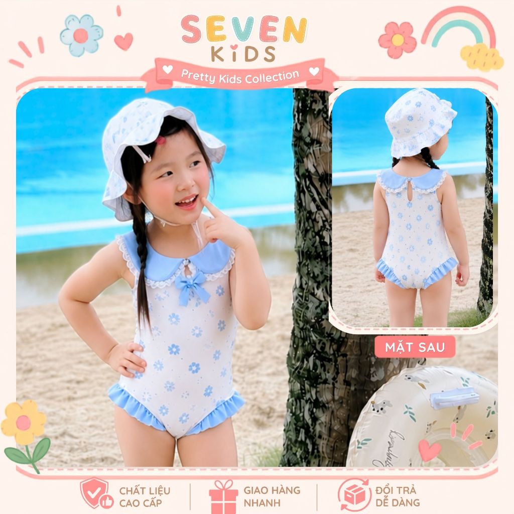Đồ bơi bé gái liền thân họa tiết hoa nhí xanh, đồ bơi trẻ em cổ sen phối bèo dễ thương S3