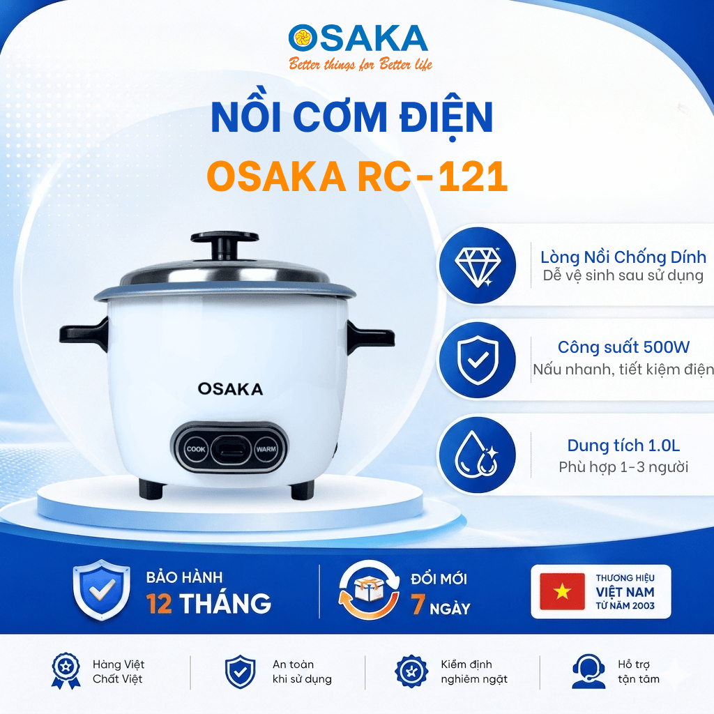 Nồi Cơm Điện Mini OSAKA RC-121 Dung Tích 1.0L Công Suất 400W Lòng Nồi Chống Dính Nắp Inox