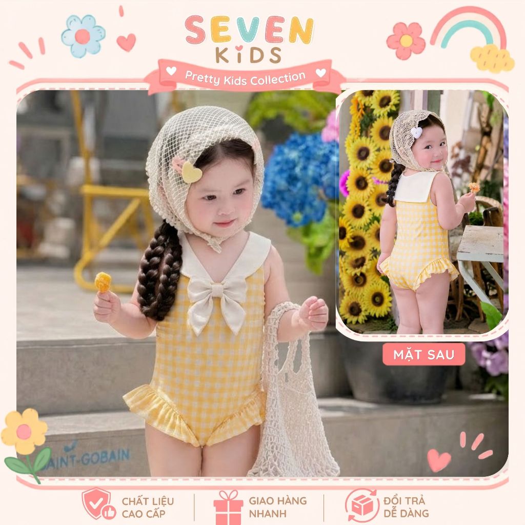 Đồ bơi bé gái liền thân caro vàng phối nơ lớn, đồ bơi trẻ em cổ vuông dễ thương S4