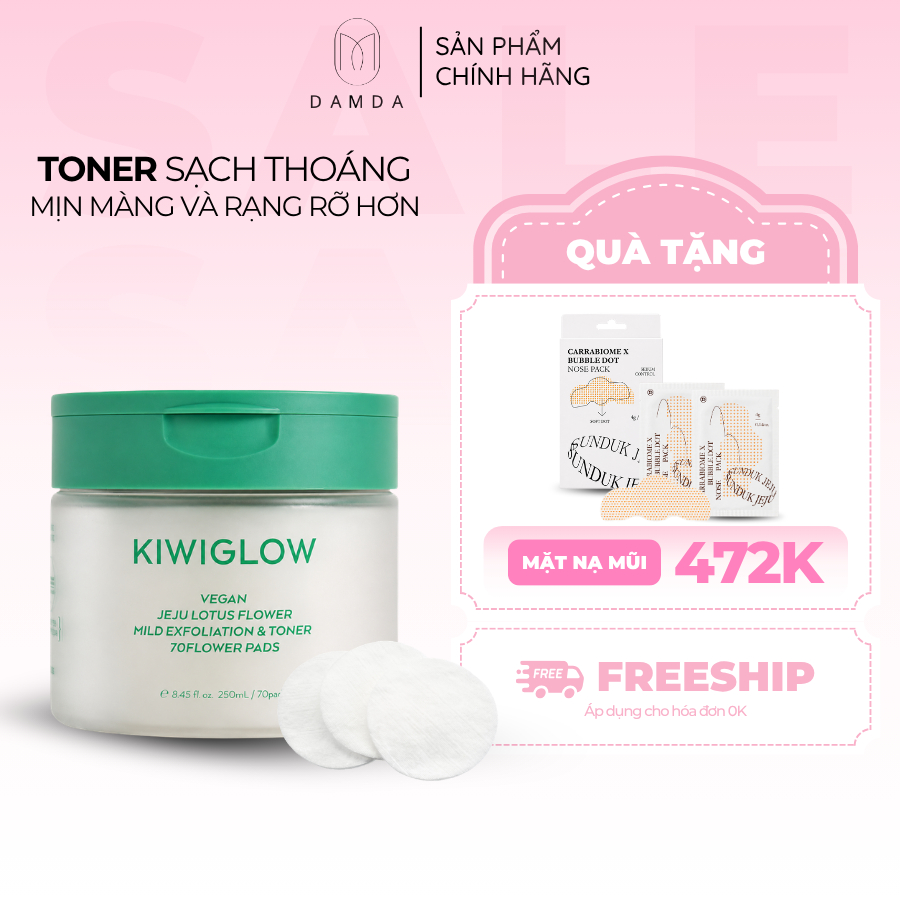 Toner chăm sóc da dịu nhẹ KIWIGLOW VEGAN JEJU LOTUS FLOWER MILD EXFOLIATION & TONER 70FLOWER PADS | DAMDAVN