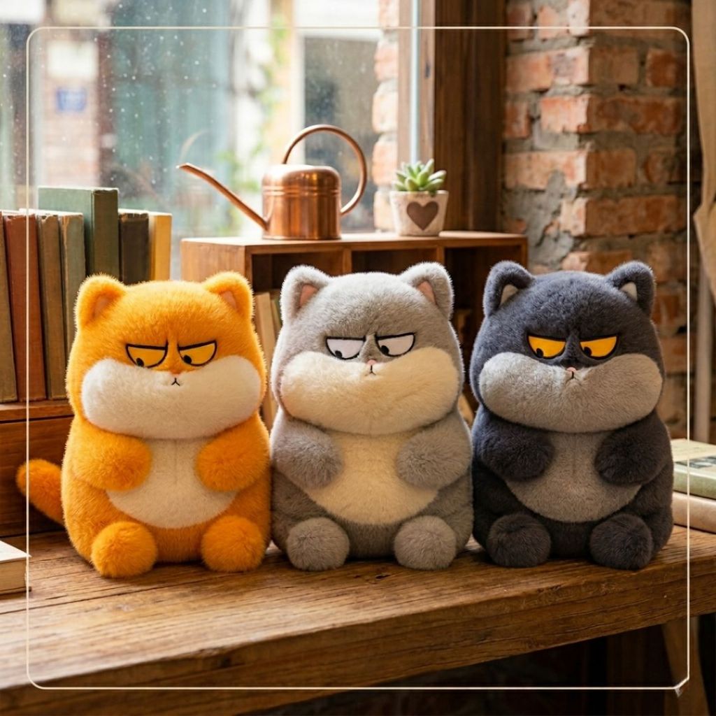 Gấu Bông Mèo Quạu Mắt Lườm Vô Tri Hài Hước ,Thú Bông Mèo Béo Mập Siêu Mềm Mịn Đủ Màu Xám, Đen, Cam