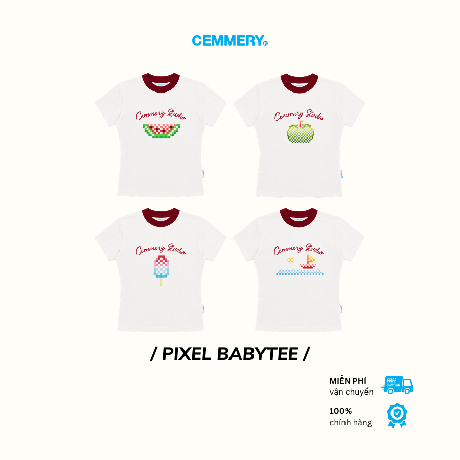 Áo Baby Tee CEMMERY Local Brand Chính Hãng Pixel Baby Tee Cotton 2 Chiều Hình In Cổ Viền Đỏ 4 Hình