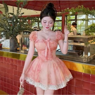 Đầm thời trang nữ phong cách tiểu thư chất voan in hoa  cao cấp thiết kế cổ vuông tay ngắn váy mini xòe viền ren