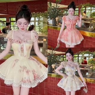 Đầm thời trang nữ phong cách tiểu thư chất voan in hoa  cao cấp thiết kế cổ vuông tay ngắn váy mini xòe viền ren