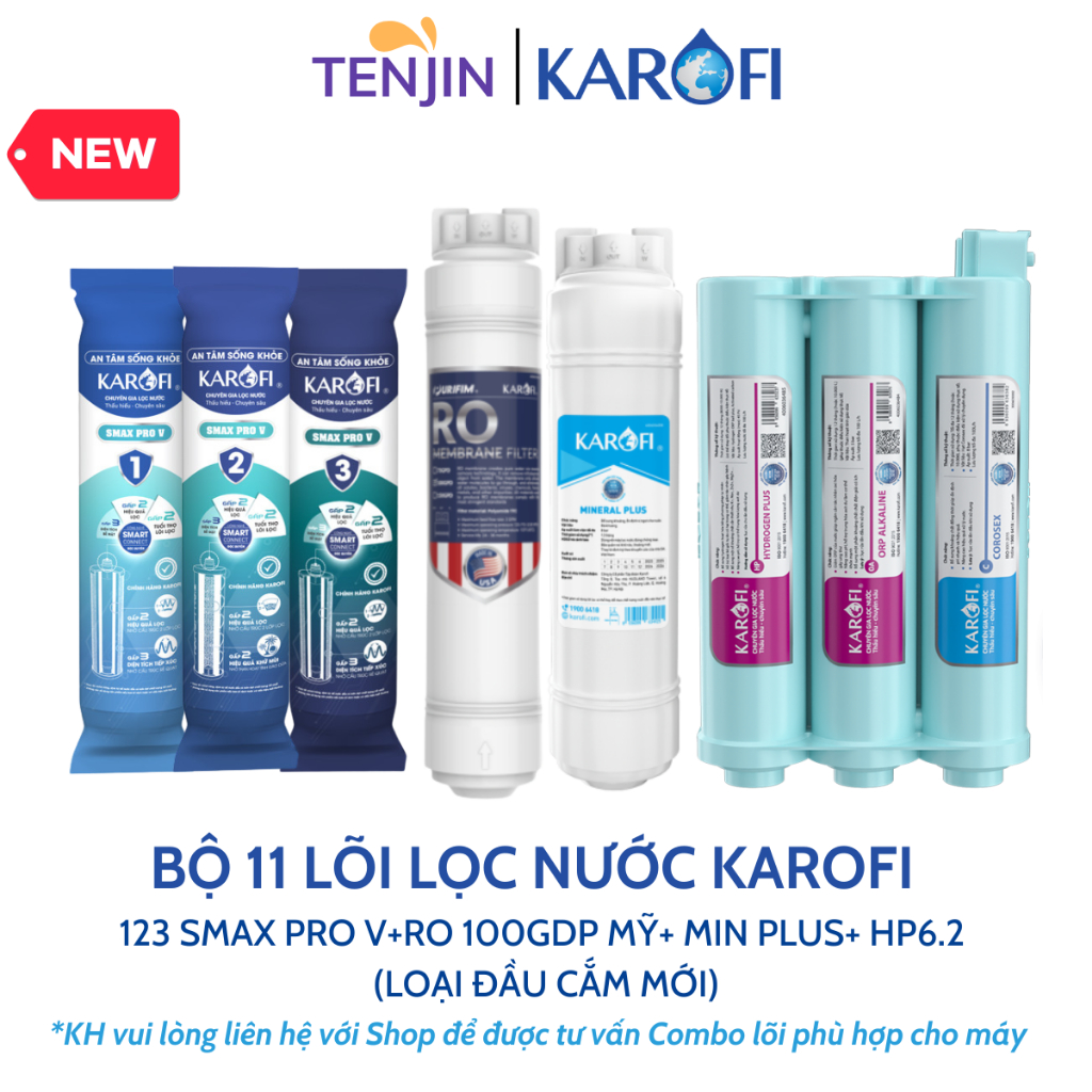 Combo 11 Lõi Lọc Nước Karofi (Mới Nhất) Sử Dụng Smax Pro V, RO Mỹ, Hydrogen-ion và Bộ HP 6.2 Ion Kiềm- Chính hãng