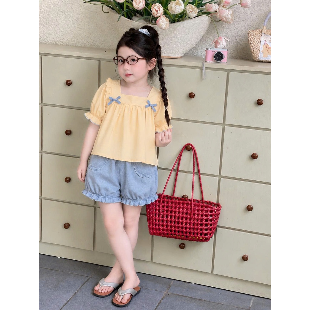 Set bộ bé gái áo tay phồng phối nơ quần short jean, bộ quần áo trẻ em dễ thương cho bé gái đi chơiS7