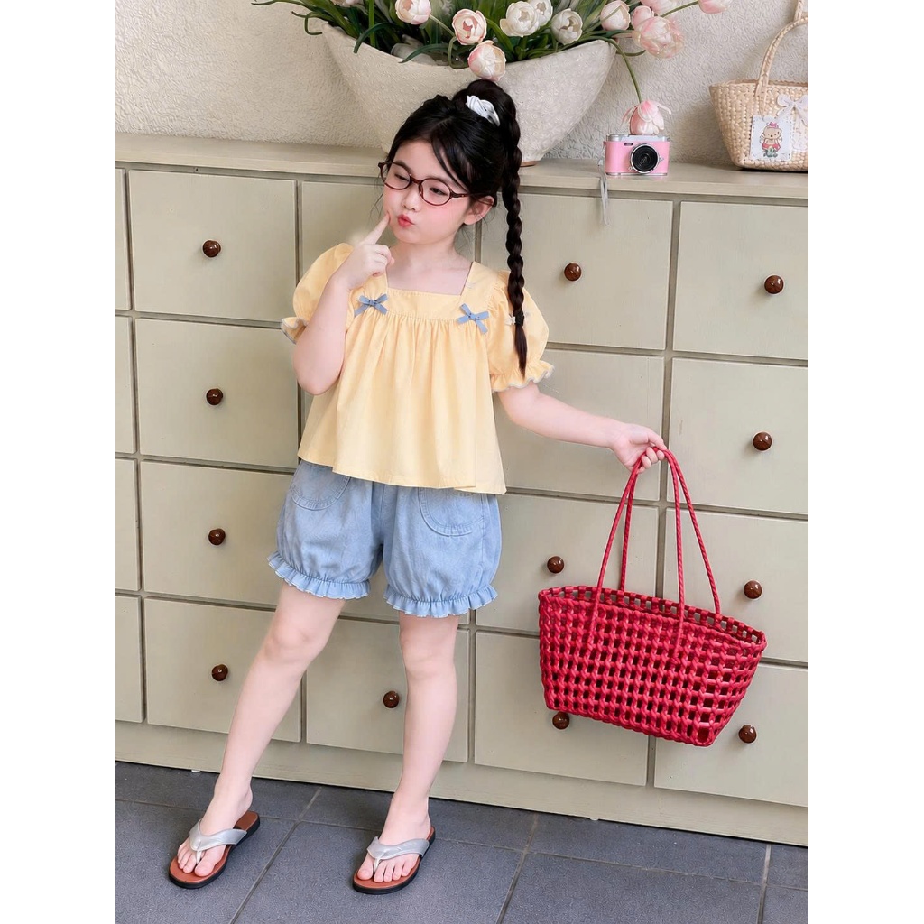 Set bộ bé gái áo tay phồng phối nơ quần short jean, bộ quần áo trẻ em dễ thương cho bé gái đi chơiS7
