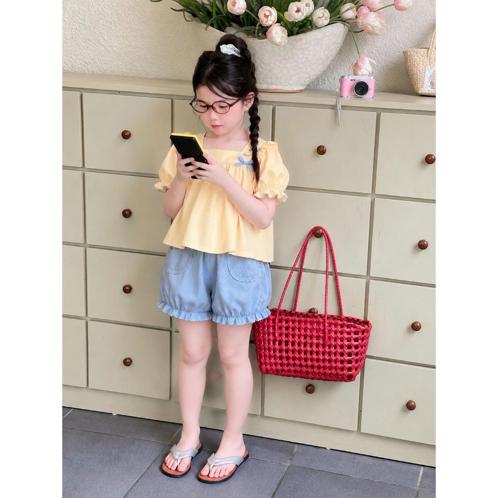 Set bộ bé gái áo tay phồng phối nơ quần short jean, bộ quần áo trẻ em dễ thương cho bé gái đi chơiS7