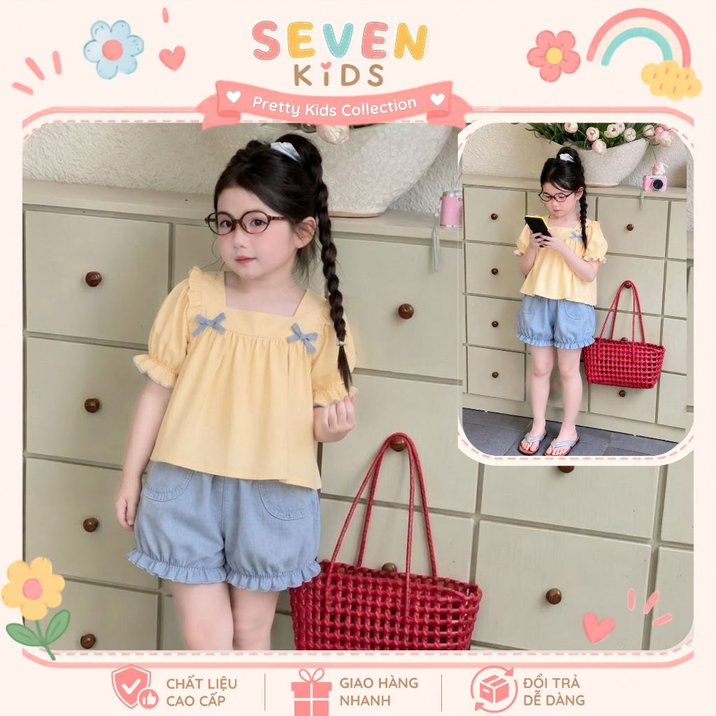 Set bộ bé gái áo tay phồng phối nơ quần short jean, bộ quần áo trẻ em dễ thương cho bé gái đi chơiS7