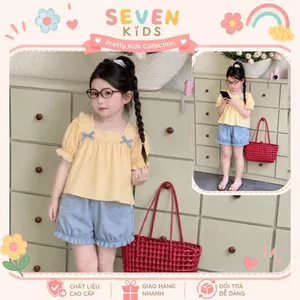 Set bộ bé gái áo tay phồng phối nơ quần short jean, bộ quần áo trẻ em dễ thương cho bé gái đi chơiS7