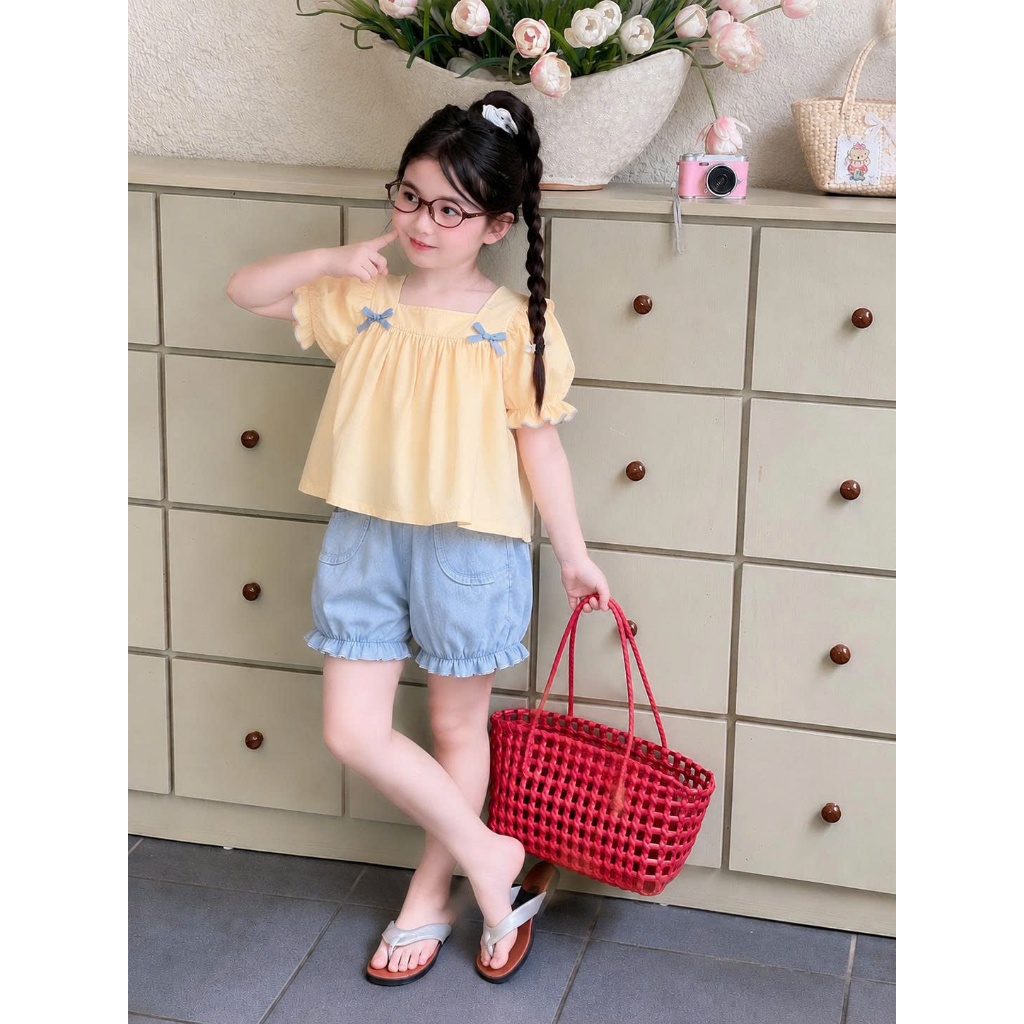 Set bộ bé gái áo tay phồng phối nơ quần short jean, bộ quần áo trẻ em dễ thương cho bé gái đi chơiS7