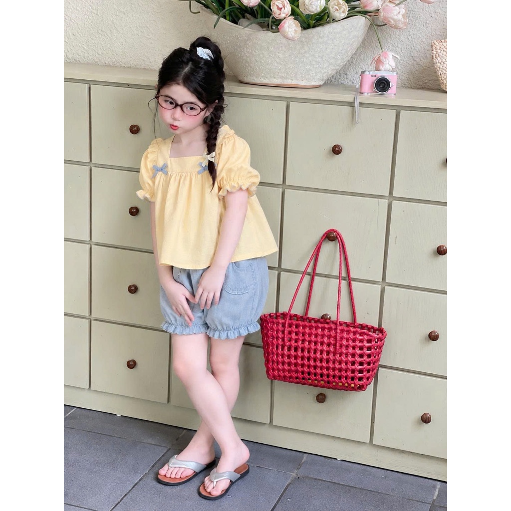 Set bộ bé gái áo tay phồng phối nơ quần short jean, bộ quần áo trẻ em dễ thương cho bé gái đi chơiS7