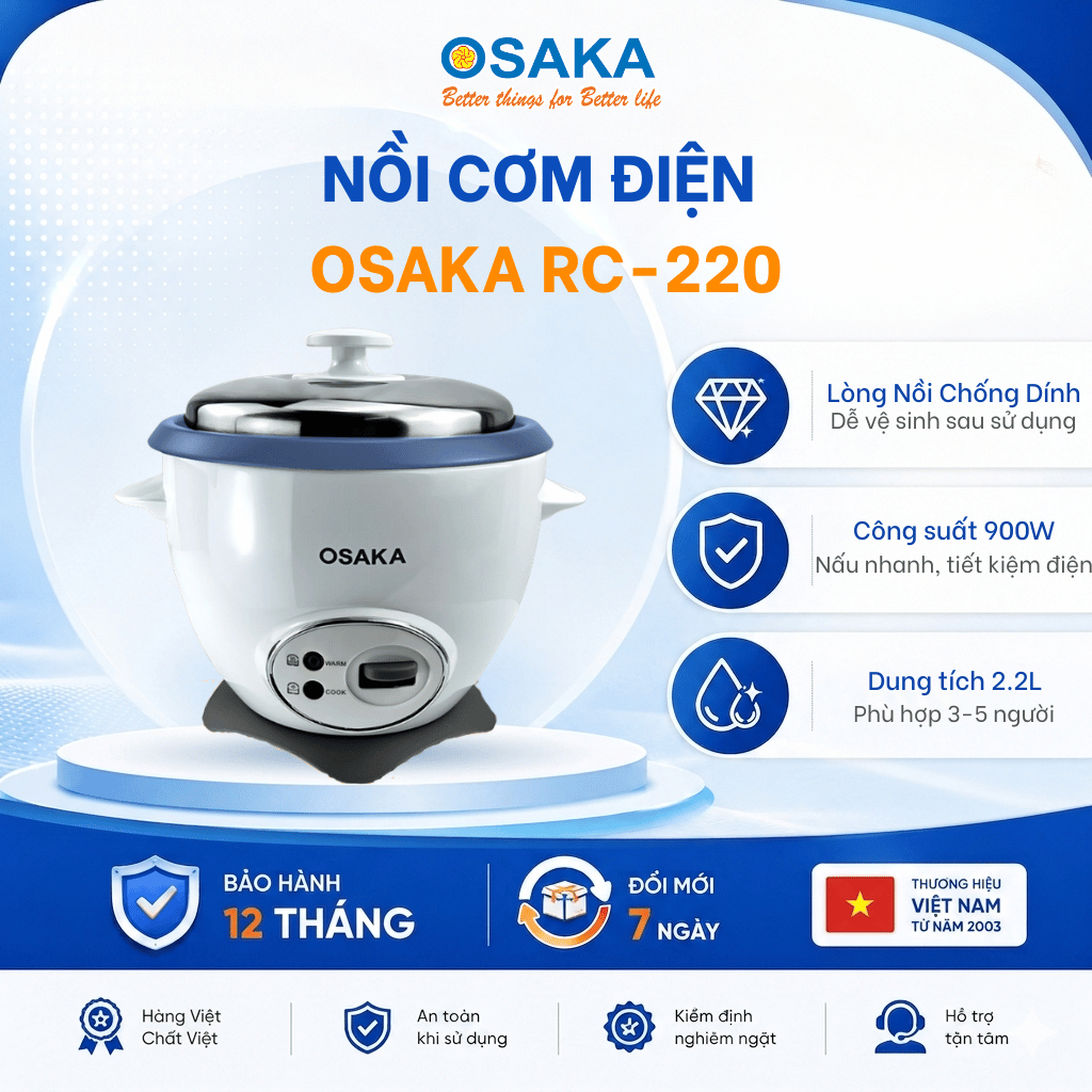 Nồi Cơm Điện OSAKA RC-220R Dung Tích 2.2L, Công Suất 900W - Lòng Nồi Chống Dính - Nắp Inox 304