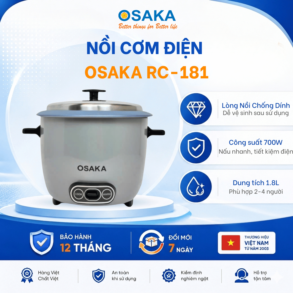 Nồi Cơm Điện Nắp Rời 1.8L OSAKA RC-181 Công Suất 700W - Lòng Nồi Chống Dính Bền Đẹp Nắp Inox 304
