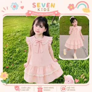 Váy bé gái màu hồng cổ bèo phối ren dễ thương, đầm công chúa bé gái dáng xòe tầng phong cách nhẹ nhàng hàn quốc S8