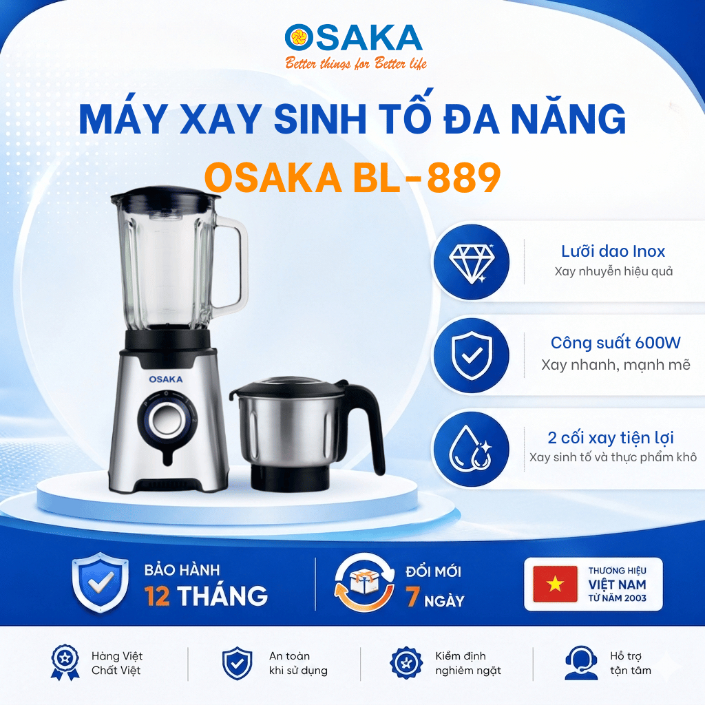 Máy Xay Sinh Tố Cao Cấp OSAKA BL-889 Dung Tích 1.5L -  Công Suất 600W - 2 Cối Đa Dụng