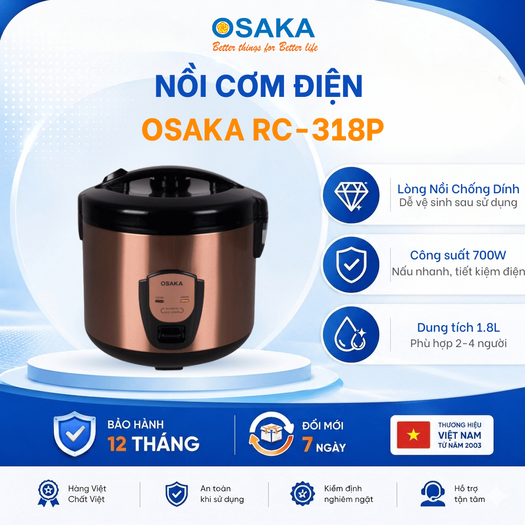 Nồi Cơm Điện OSAKA RC-318P Dung Tích 1.8L, Công Nghệ Nấu 3D, Mâm Nhiệt Siêu Bền, Lòng Nồi Titanium