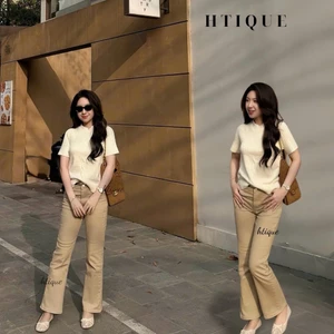 HTIQUE - Deal mở bán Quần jean ống đứng be cát sang trọng, Quần jean nữ thanh lịch dễ mix đồ QB07