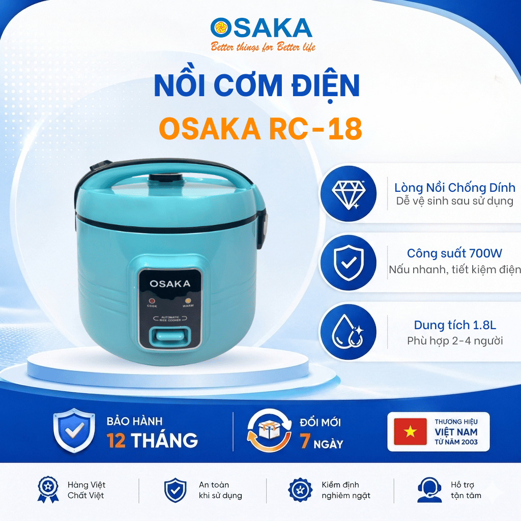 Nồi Cơm Điện OSAKA RC-18 Dung Tích 1.8L, Lòng Tráng Men Titanium Chống Dính, Kèm Xửng Hấp