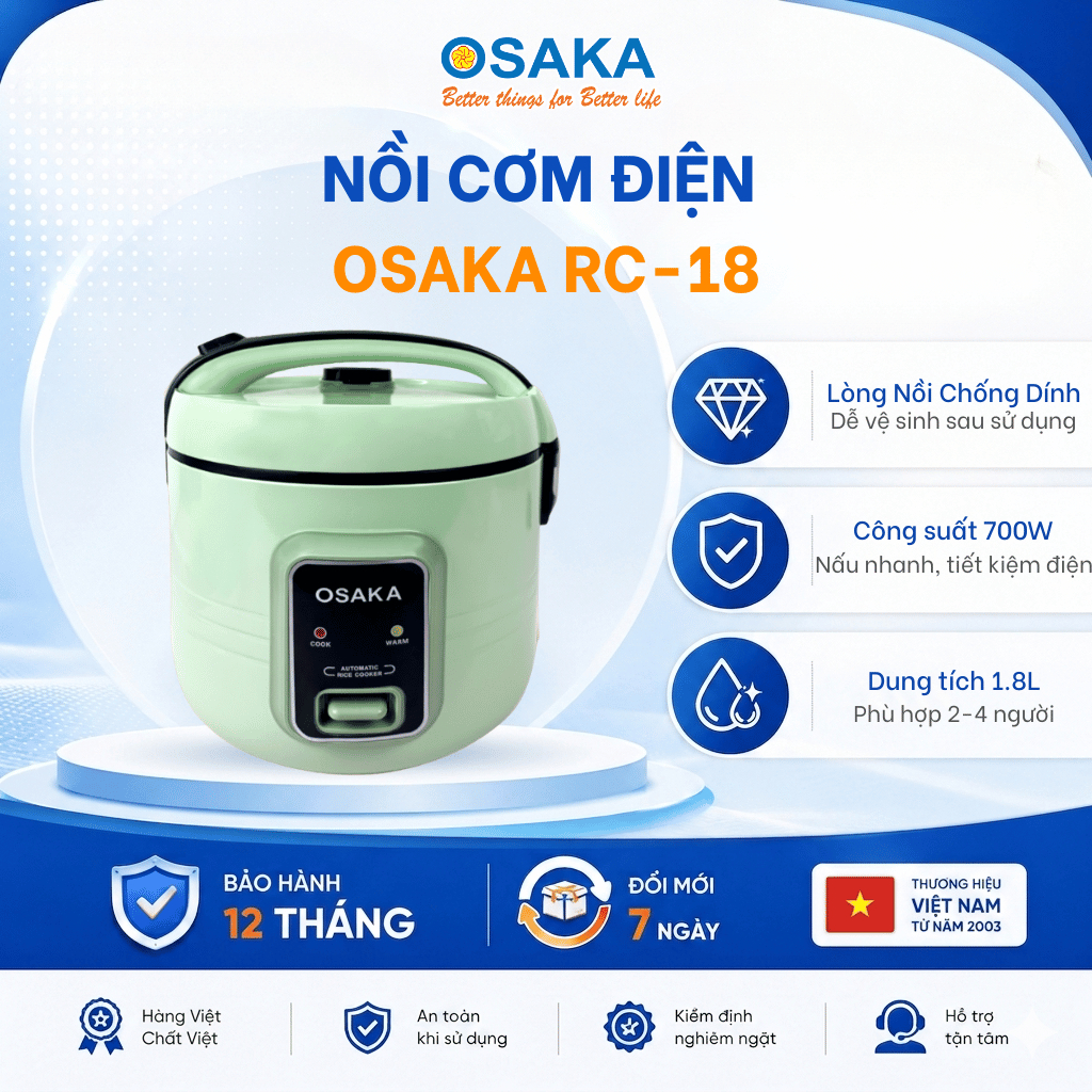 Nồi Cơm Điện OSAKA RC-18 Dung Tích 1.8L, Lòng Tráng Men Titanium Chống Dính, Kèm Xửng Hấp