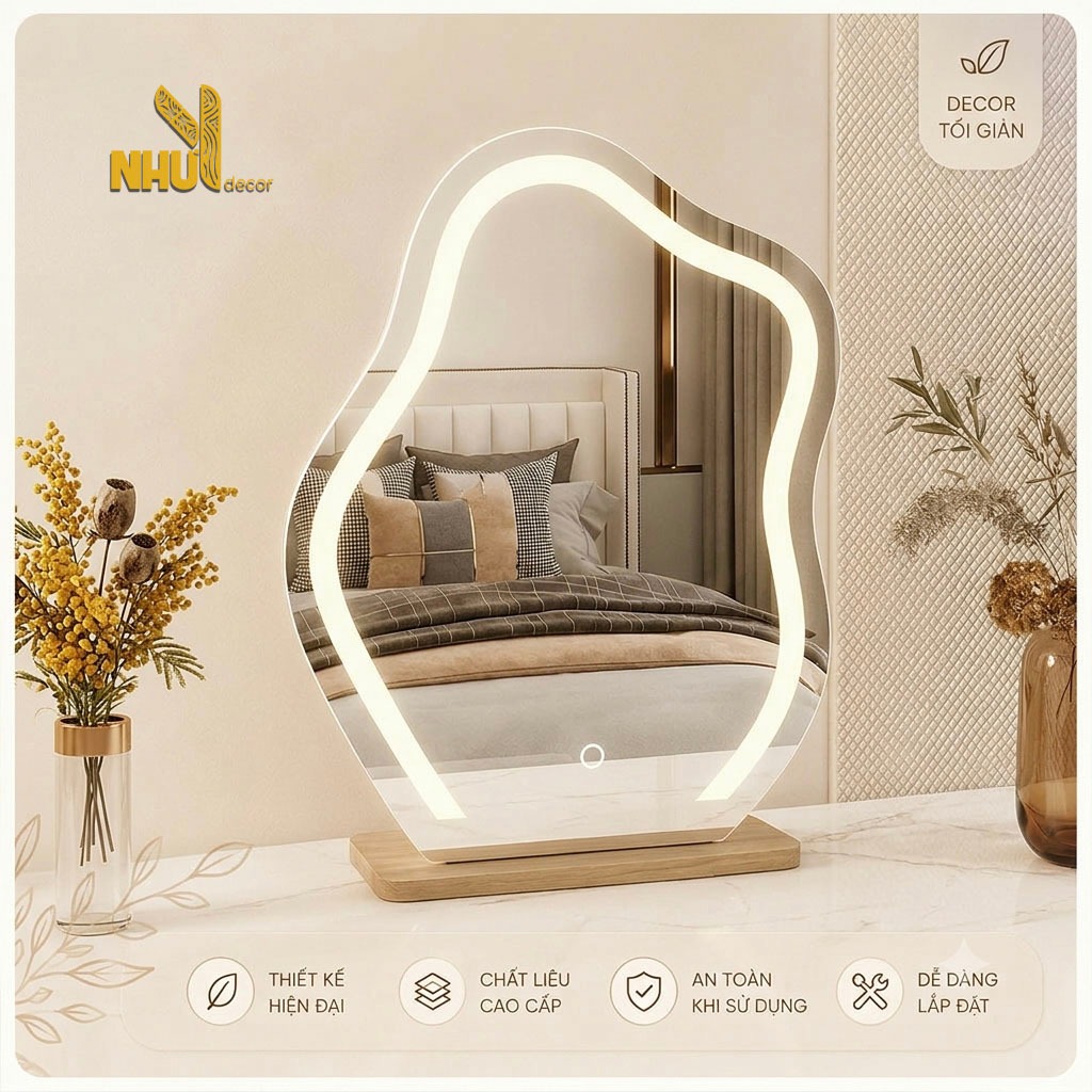 Gương để bàn trang điểm đế gỗ hình đám mây kích thước lớn 40x30 Nhu Y Decor  gương decor cao cấp