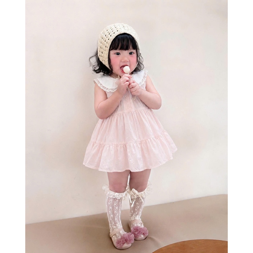 Váy bé gái màu hồng cổ sen phối ren dễ thương, đầm công chúa bé gái dáng xòe tầng mùa hè S9