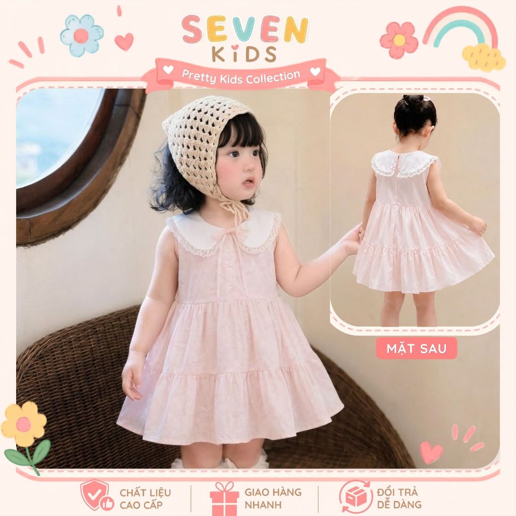 Váy bé gái màu hồng cổ sen phối ren dễ thương, đầm công chúa bé gái dáng xòe tầng mùa hè S9