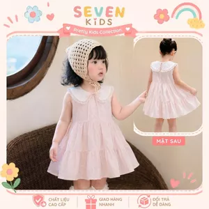 Váy bé gái màu hồng cổ sen phối ren dễ thương, đầm công chúa bé gái dáng xòe tầng mùa hè S9