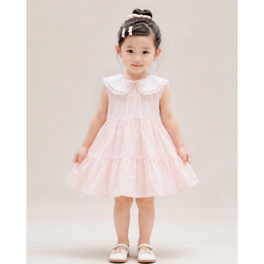 Váy bé gái màu hồng cổ sen phối ren dễ thương, đầm công chúa bé gái dáng xòe tầng mùa hè S9
