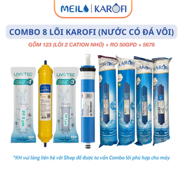 Combo 8 Lõi Lọc Nước Karofi Gồm Bộ Thô 123 (Lõi 2 Cation Nhỏ) + Màng RO Dupont 50GPD + 4 Lõi Chức Năng Model K8RO-H