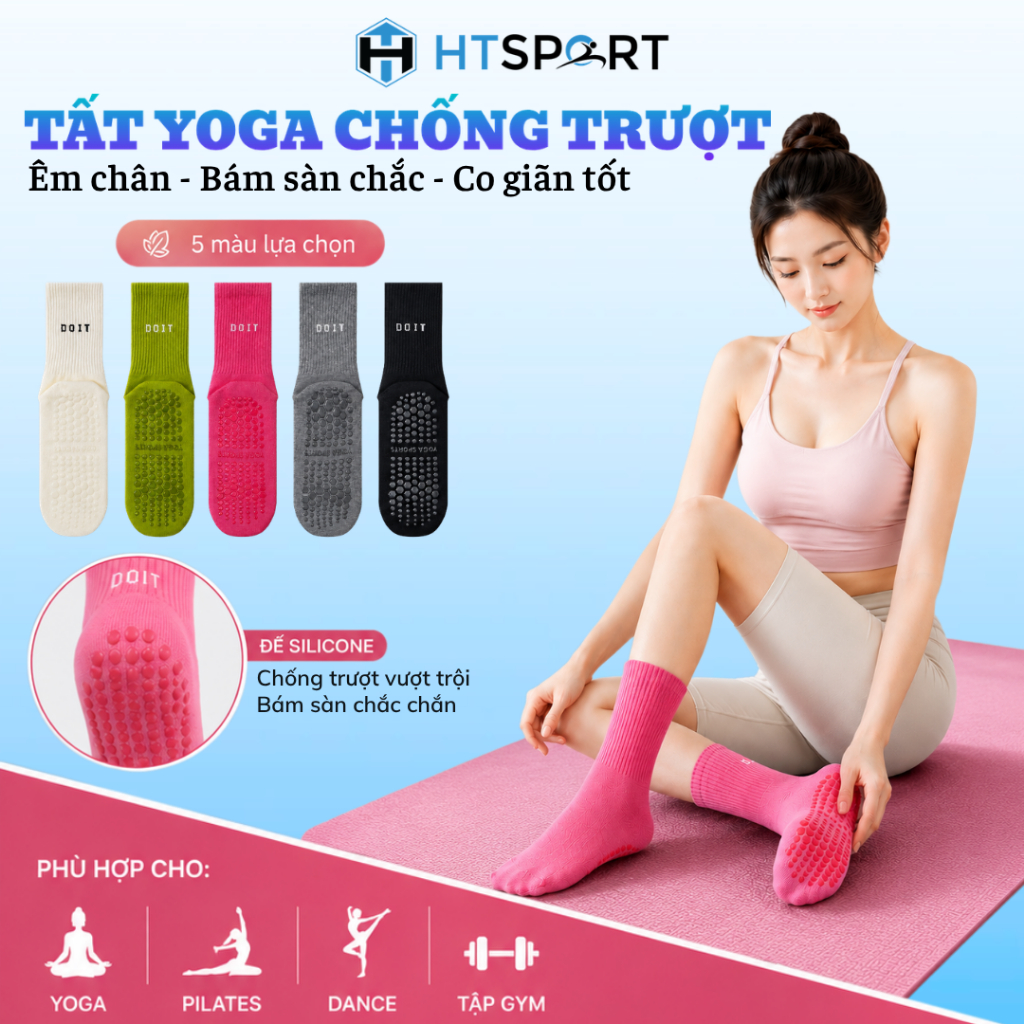 Tất Vớ Chống Trượt Cổ Cao Tập Yoga Pilates - Tất Thể Thao Đế Cao Su Chống Trơn Nhiều Màu Thoáng Khí