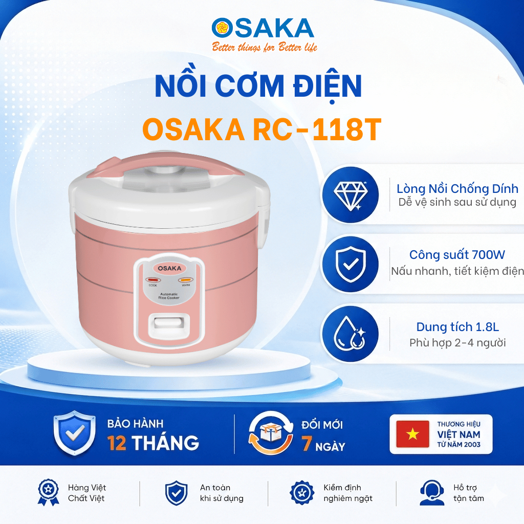 Nồi Cơm Điện OSAKA RC-118T Dung Tích 1.8L - Mâm Nhiệt Lớn - Tráng Men Titanium Chống Dính - Nắp Gài