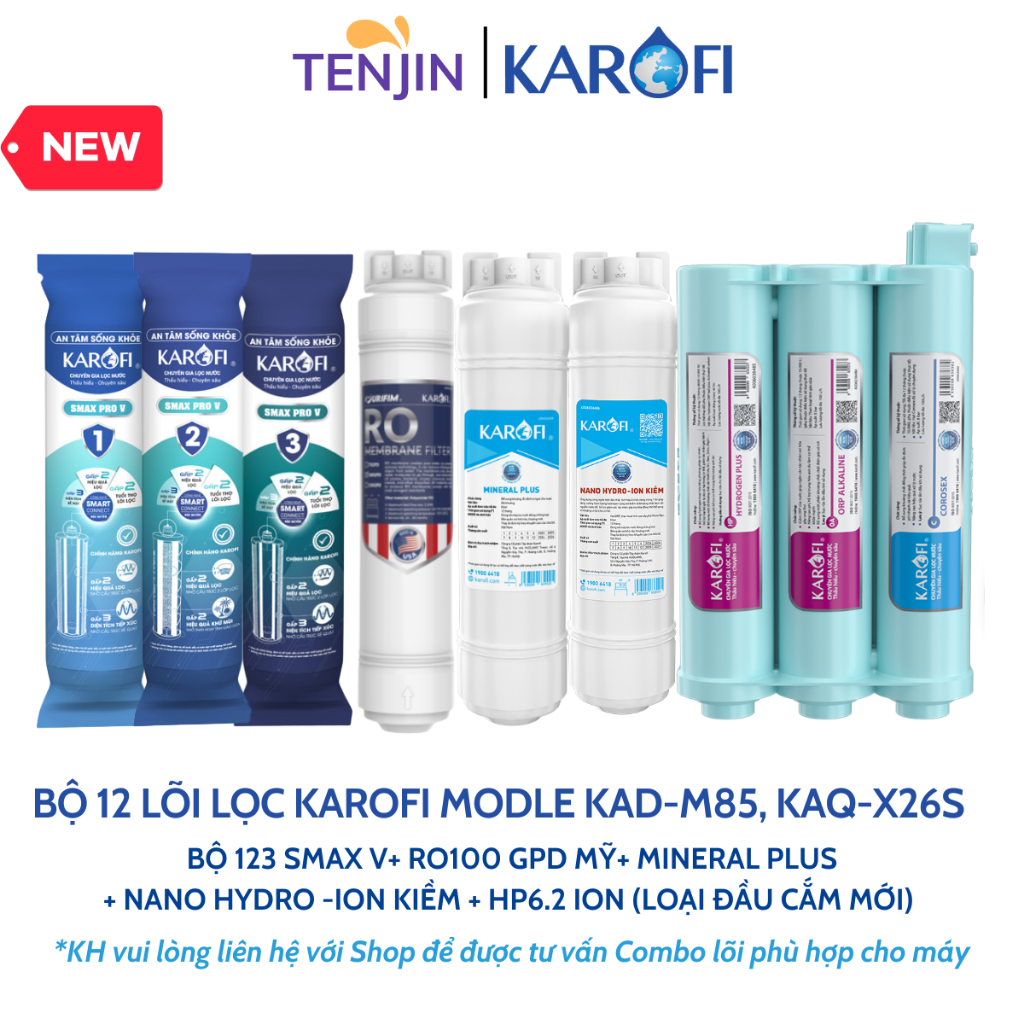 Combo 12 Lõi Lọc Nước Karofi Dùng Cho Model KAD-M85, KAQ-X26S Gồm 123 Smax V, RO mỹ, 8 Lõi Chức Năng Mới
