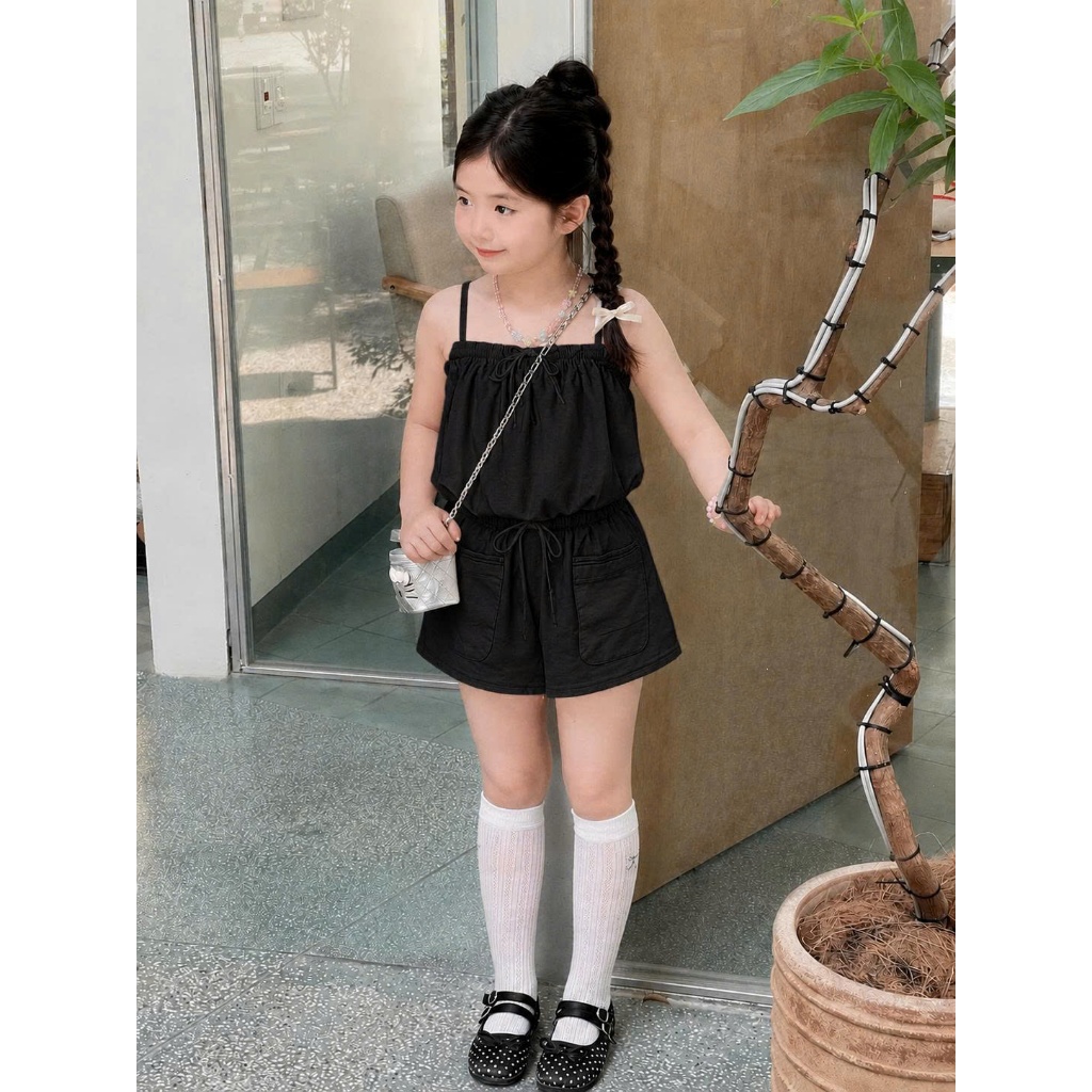 Váy Jump hai dây bé gái liền thân dáng phồng có túi, eo chun rút nơ phong cách Hàn Quốc S10