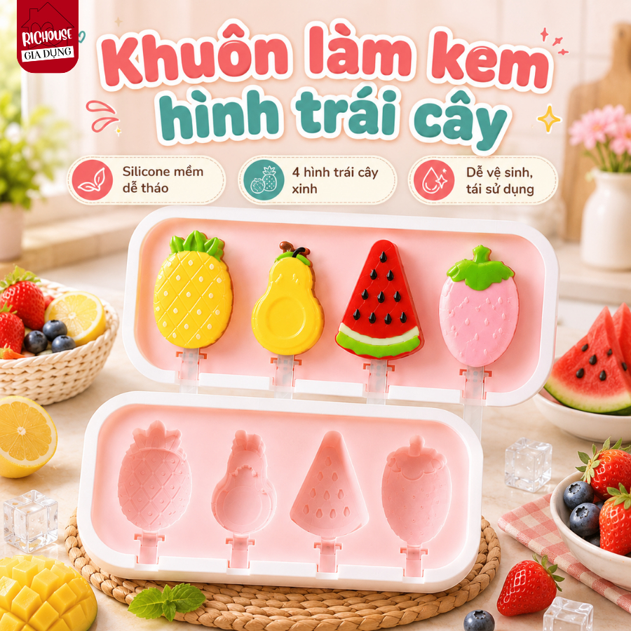 Khuôn Kem Que Silicon Thực Phẩm An Toàn, Khay Làm Đá Trái Cây Đáng Yêu Cho Bé Yêu Thích
