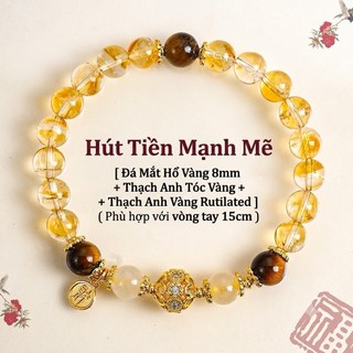 Vòng Tay Phong Thủy Thạch Anh Tóc Vàng Đá Mắt Hổ Citrine Vòng Đeo Tay Chiêu Tài Hút Lộc May Mắn Cho Nữ 15cm
