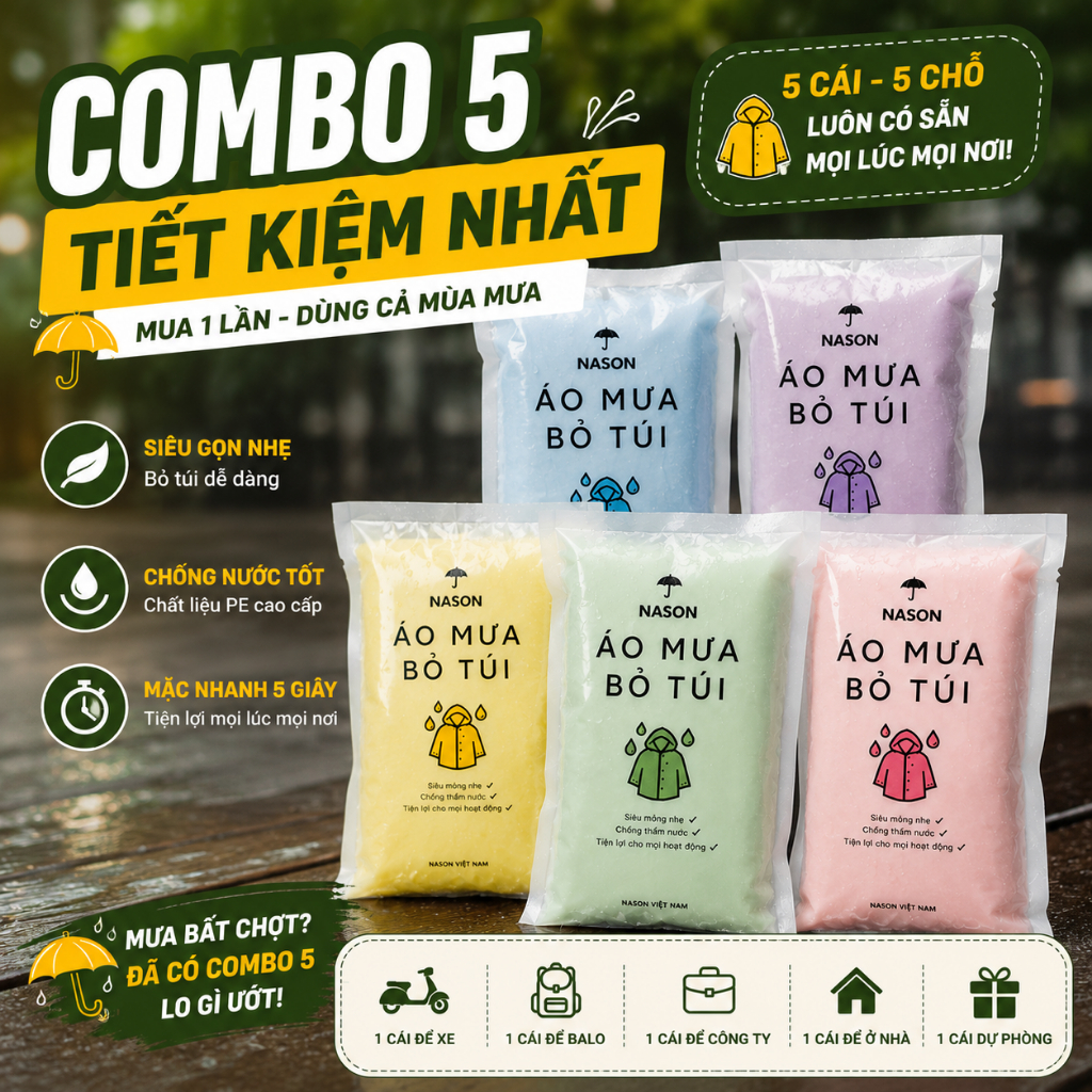 Combo 5 áo mưa trong suốt, áo mưa bỏ túi Nason nhỏ gọn, dễ dàng mang theo, mỏng nhẹ, chống thấm nước