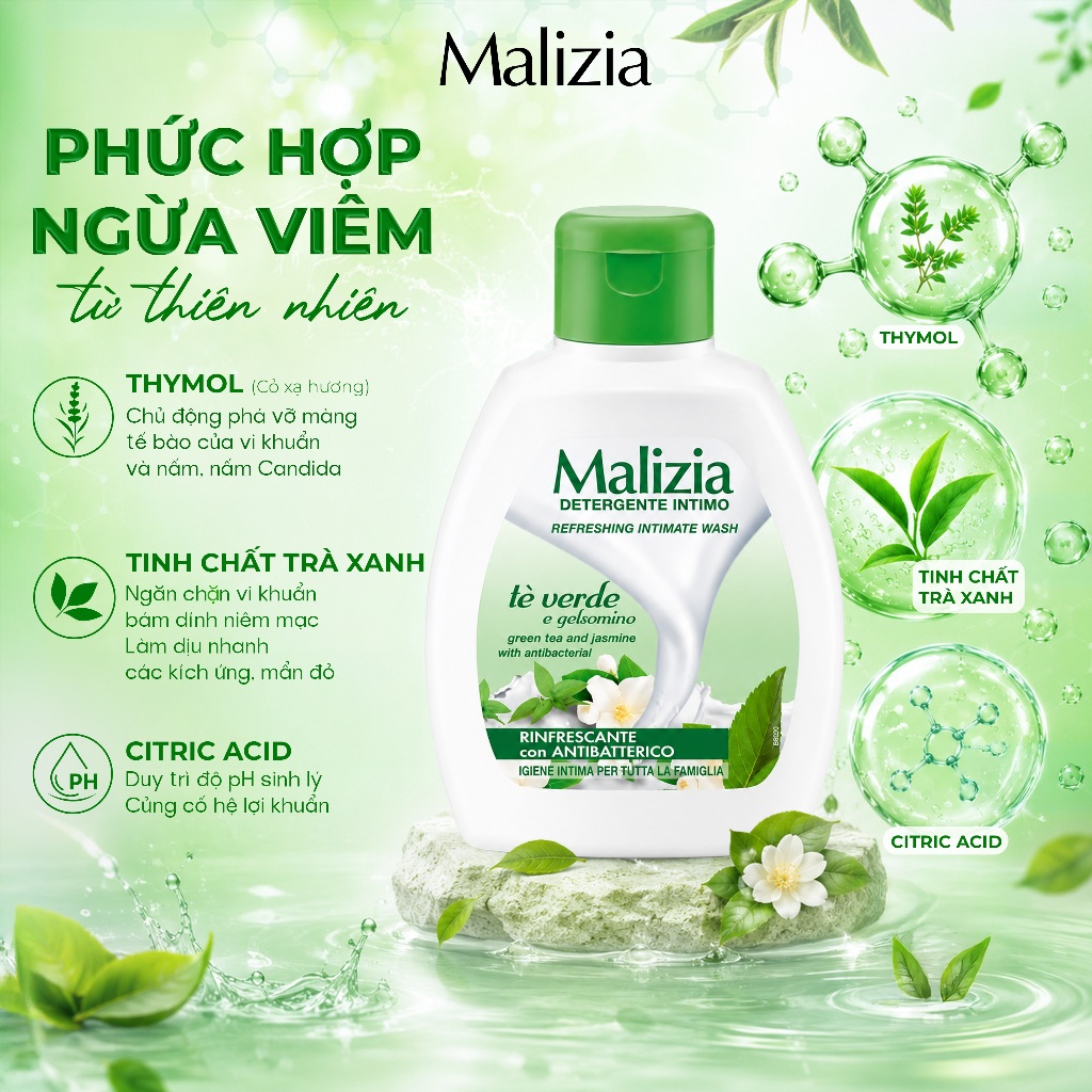 Dung Dịch Vệ Sinh Phụ Nữ Malizia Detergente Intimo Tè Verde 200ml Hương Trà Xanh Hoa Nhài Thơm Mát Làm Sạch Dịu Nhẹ Cân