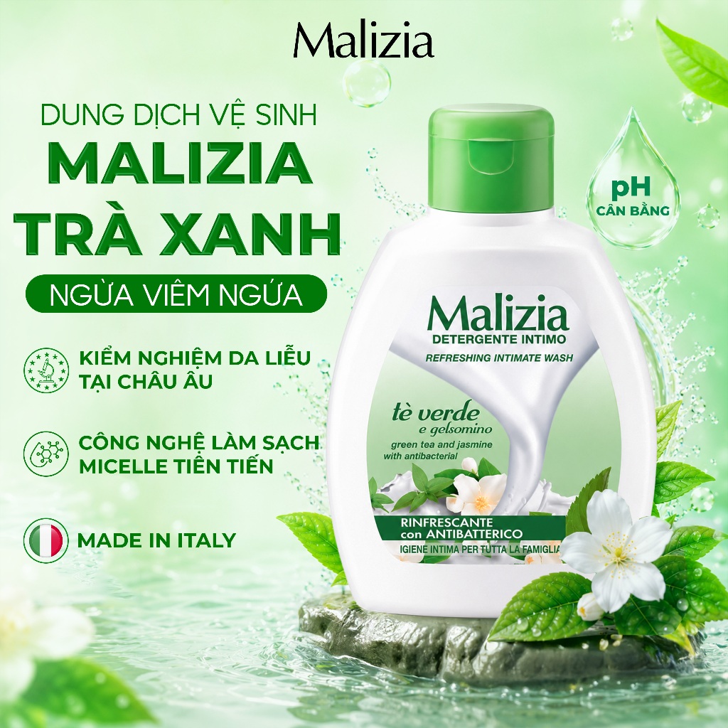 Dung Dịch Vệ Sinh Phụ Nữ Malizia Detergente Intimo Tè Verde 200ml Hương Trà Xanh Hoa Nhài Thơm Mát Làm Sạch Dịu Nhẹ Cân