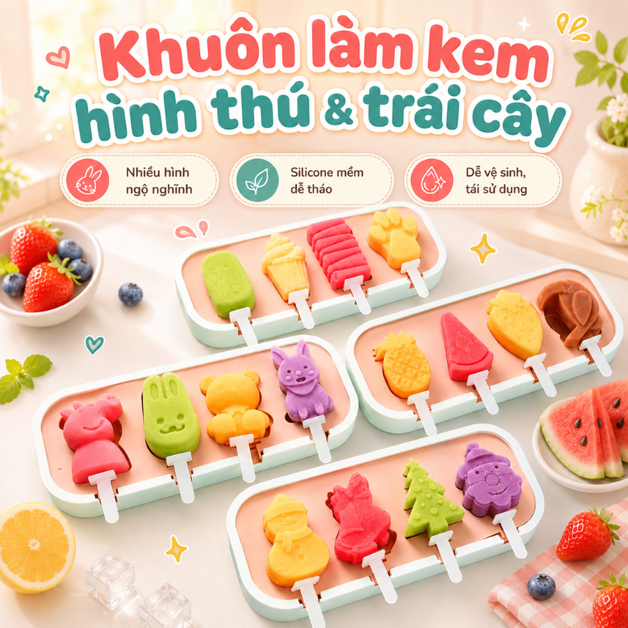 Khuôn Kem Que Silicon Thực Phẩm An Toàn, Khay Làm Đá Trái Cây Đáng Yêu Cho Bé Yêu Thích