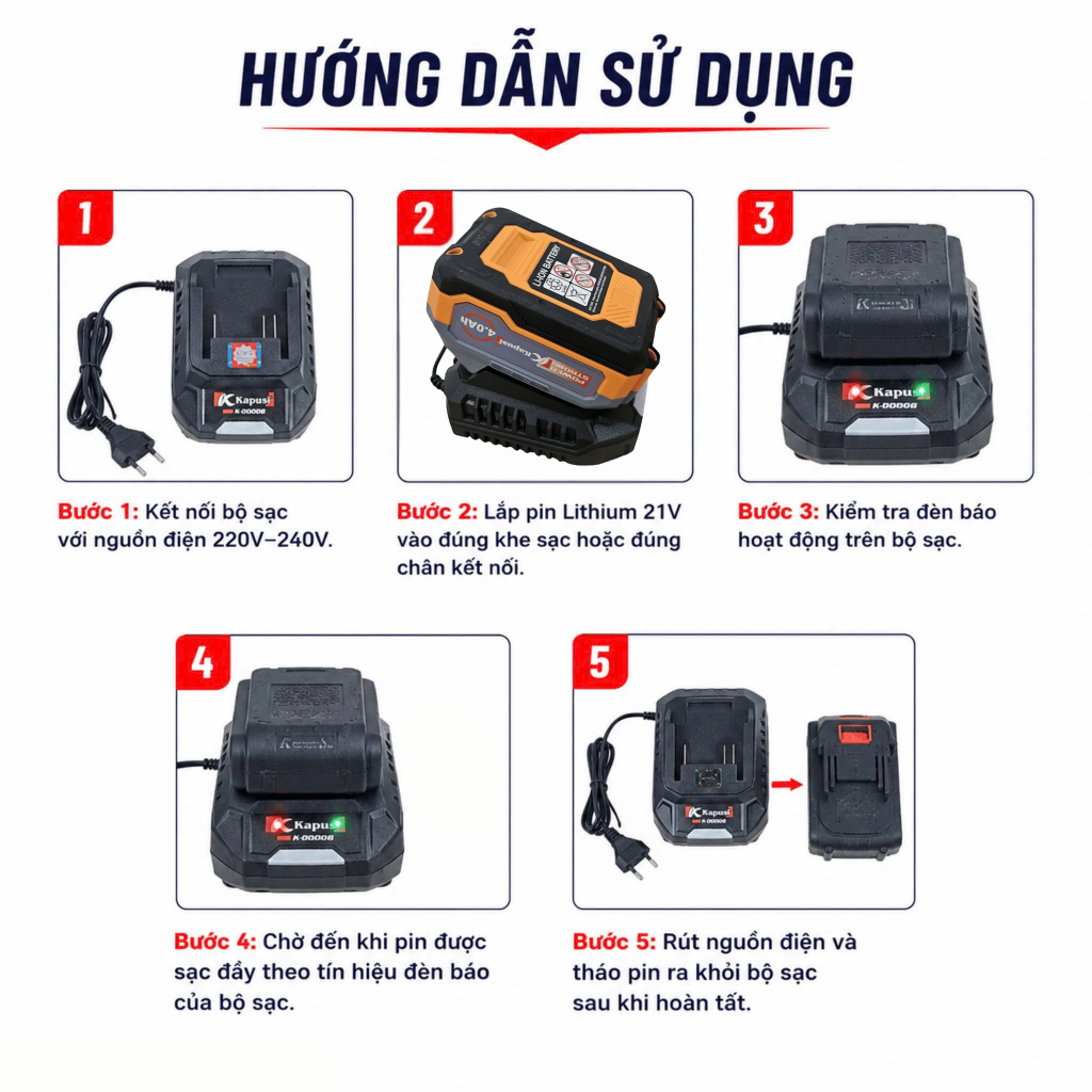 Sạc Pin Máy Khoan 21V Kapusi - Sạc Chân Kim 1A, Sạc Đơn 2A, Sạc Đôi 4A Cho Pin Lithium 21V