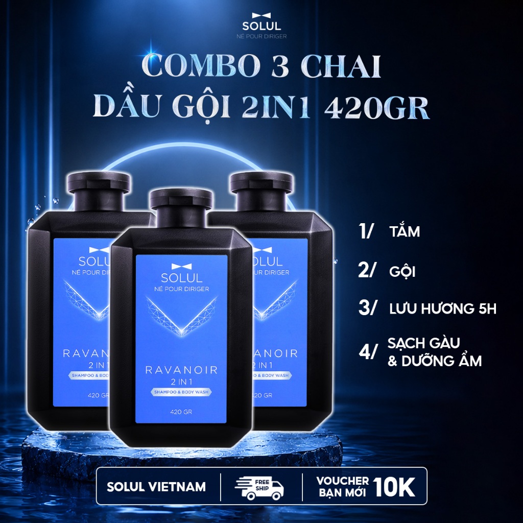 [DEAL GIÁ SỈ SIÊU TIẾT KIỆM]Combo 3 Sữa Tắm Gội Nam 2in1 SOLUL420ml,Sạch Gàu Ngứa Lưu Hương Nước Hoa