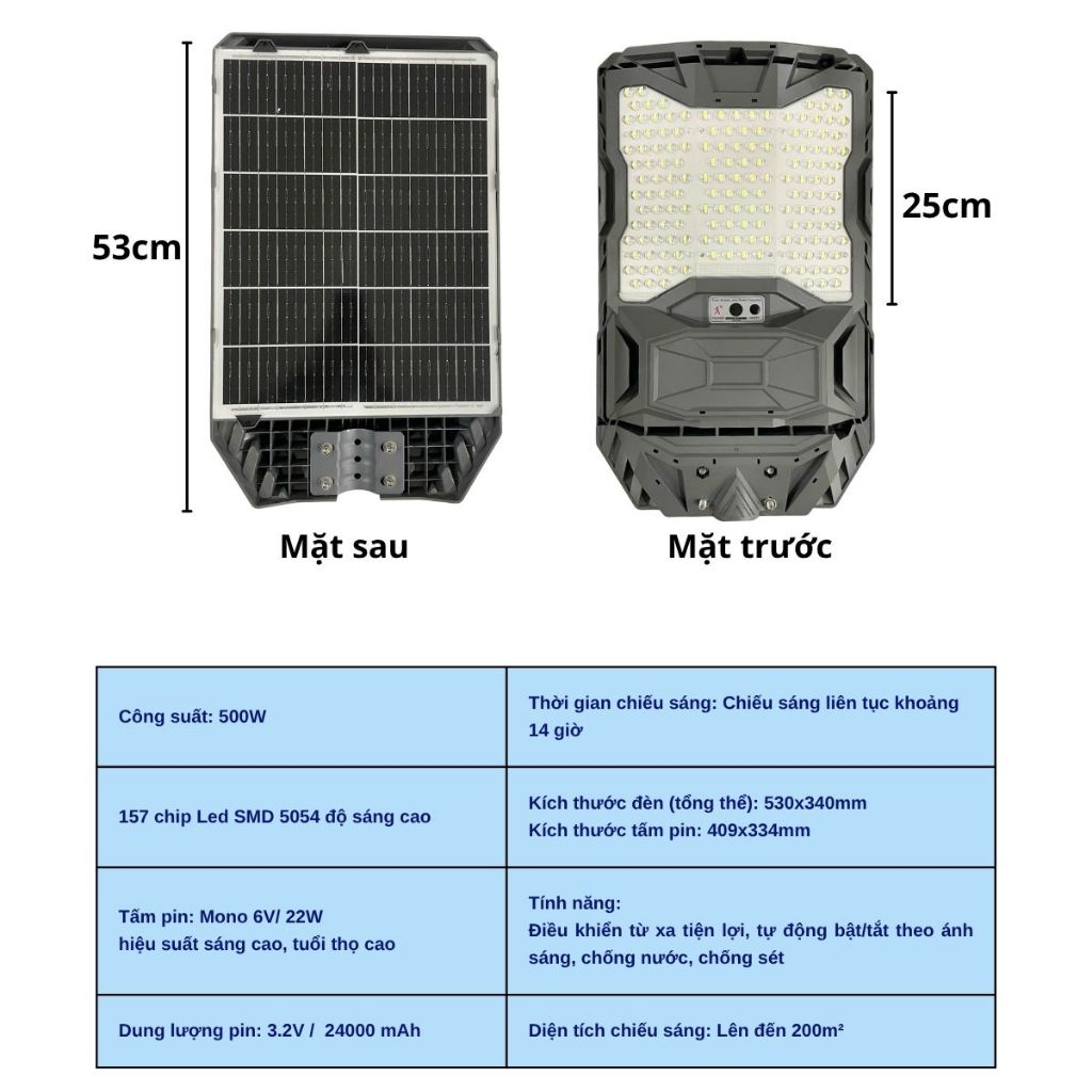Đèn Năng Lượng Mặt Trời 500W Siêu Sáng |Đèn Đường Solar Ngoài Trời Chống Nước IP66 Cảm Biến Thông Minh
