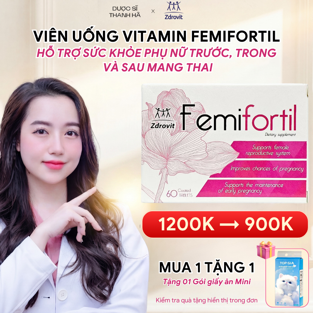 [DATE 2028] Viên Uống FEMIFORTIL Bổ Trứng,Tăng Khả Năng Thụ Thai 60V chứa Axit Folic chuẩn bị thả bầu, hiếm muộn, IVF