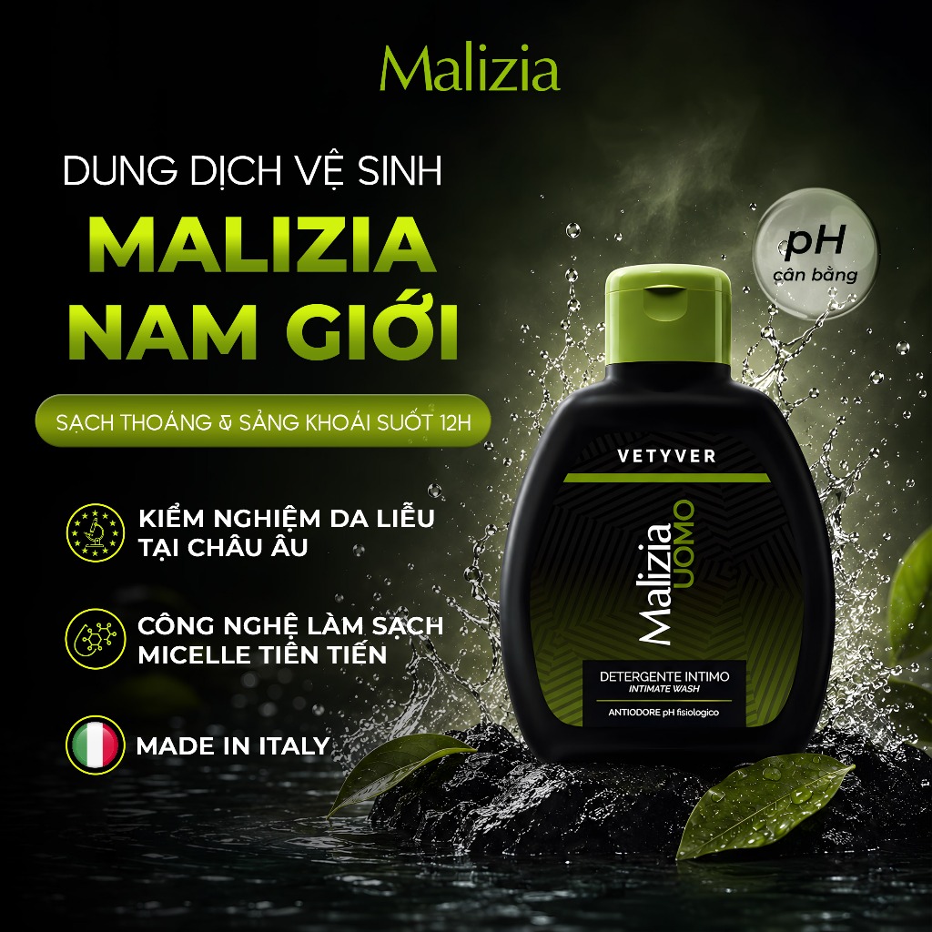 Dung Dịch Vệ Sinh Nam Malizia Uomo Detergente Intimo 200ml Hương Vetiver Nam Tính Làm Sạch Dịu Nhẹ Khử Mùi Cân Bằng