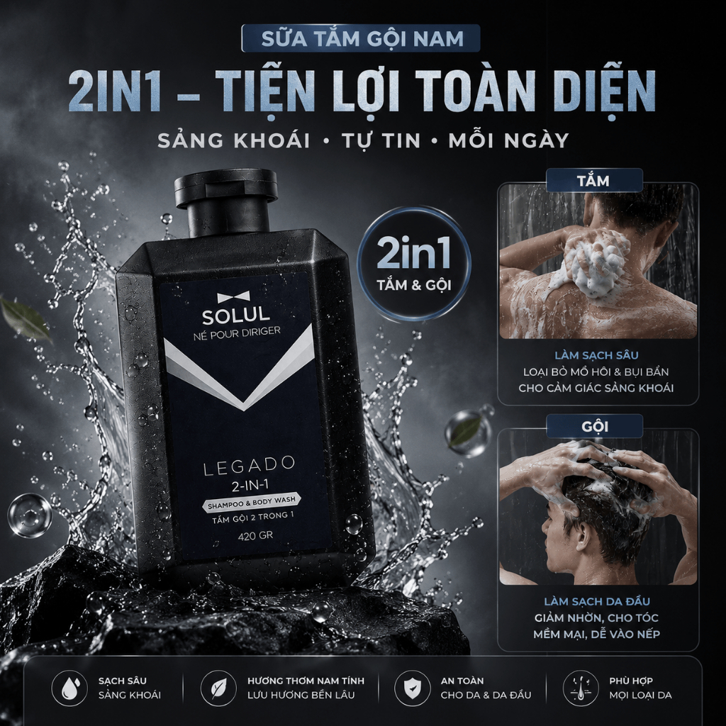 Sữa tắm gội nam hương nước hoa 2in1 SOLUL 420 gr, Giảm gàu, tính giữ ẩm tự nhiên, nam tính.