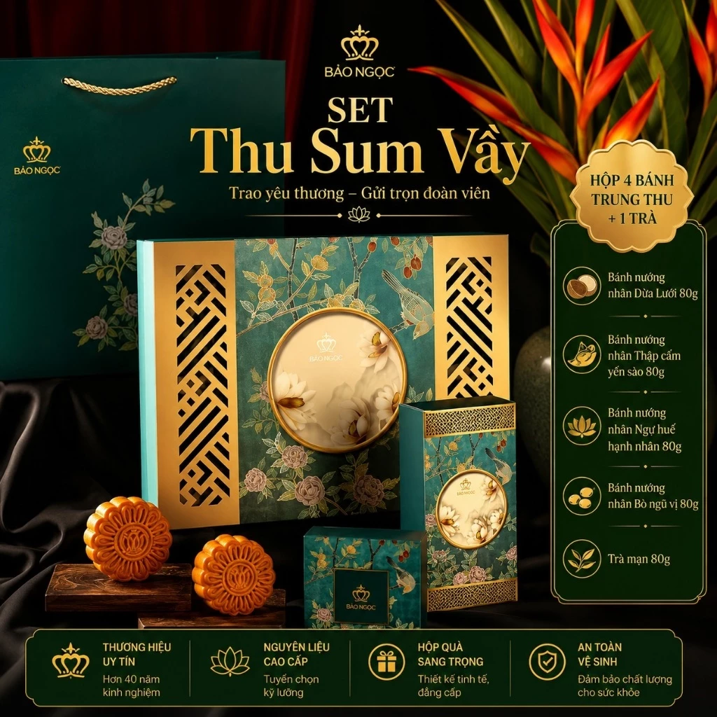 [80g/Bánh] SET "THU SUM VẦY -  Hộp 4 Bánh Nướng + 1 Trà Mạn Trung Thu Bảo Ngọc Cao Cấp Thu Sum Vầy