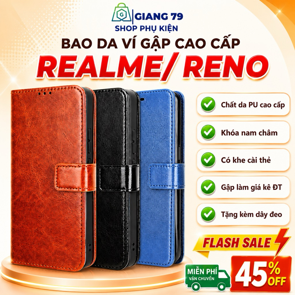 Ôp Lưng Bao Da Ví Gập Hai Mặt RENO/ REALME/ NARZO  Khóa Nam Châm, Chất Lượng Cao, Đủ Các Mã