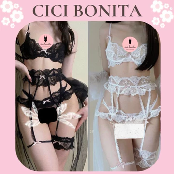 Đồ lót sexy cao cấp- nội y ren trắng đen lingerie bralette kèm phụ kiện gợi cảm CL62 CICI BONITA HCM