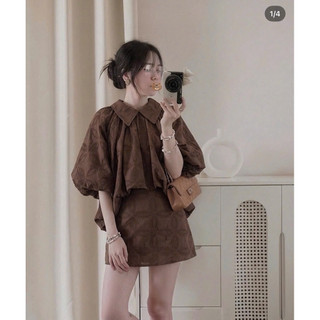 SEP House - Set thô boi áo dáng bí cổ sen tay bồng phối chân váy A ngắn nâu tay trendy, trẻ trung - Ảnh thật